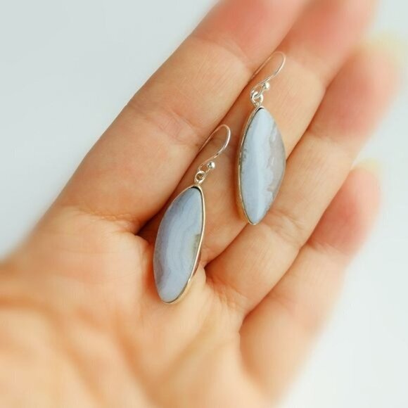 Blue Lace Agate freeform dangle earrings in Sterling Silver - Picture 3 of 9